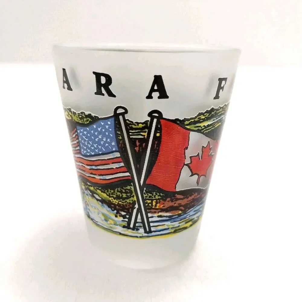 Niagara Falls Souvenir Shot Glass Featuring American and Canadian Flags #K006